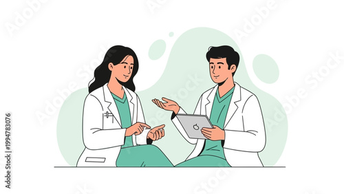 Two doctors in white coats discussing medical information on a tablet