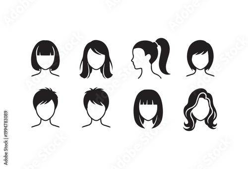 Black silhouette people icons, eight diverse headshots, hairstyle variations, faceless avatars, line art characters
