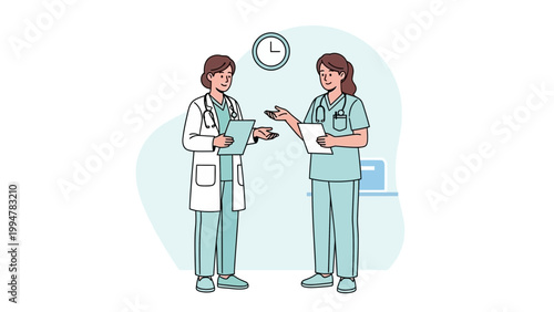 Two female doctors in scrubs and lab coat discussing medical charts in a clinic