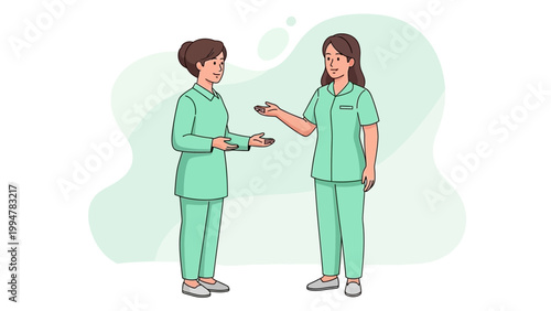 Two nurses in green scrubs talking and gesturing in a medical setting