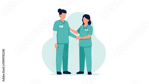 Two nurses in scrubs shaking hands, teamwork and healthcare collaboration concept