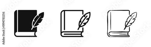 Book with quill pen icon set, literature and writing symbol in silhouette, monoline, and hand drawn styles