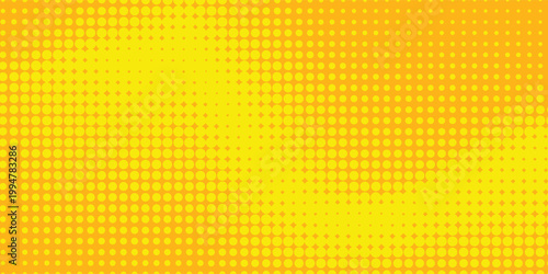 Yellow halftone pattern. Retro comic gradient background. Bright orange pixelated dotted texture overlay concept. texture