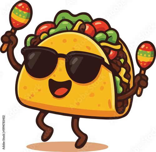 Festive taco character with maracas and sunglasses cartoon illustration