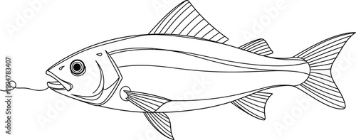 Illustration of a fish with a hook in its mouth swimming left