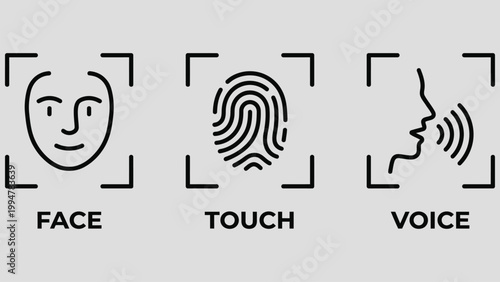 Biometric icon set. Face, fingerprint and voice recognition symbols for secure authentication vector. Modern identity scan for protected access indicator. Digital security concept pictogram.