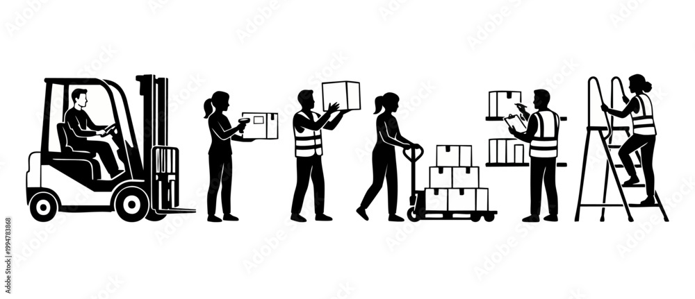 Obraz premium Warehouse Workers Forklift Logistics Icons Set, Distribution Center Personnel Loading Boxes, Scanning Inventory and Climbing Ladders for Supply Chain Management and Shipping Operations Black Silhouett