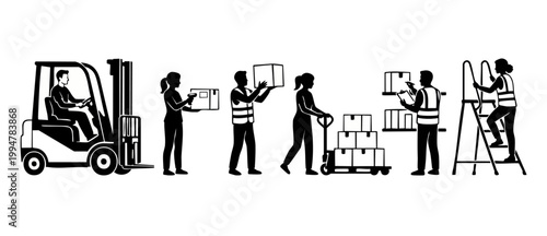 Warehouse Workers Forklift Logistics Icons Set, Distribution Center Personnel Loading Boxes, Scanning Inventory and Climbing Ladders for Supply Chain Management and Shipping Operations Black Silhouett