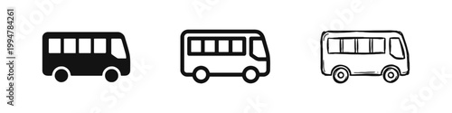 Public bus transport icon set, shuttle and city travel symbol in silhouette, monoline, and hand drawn styles