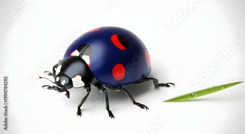 Blue ladybug with red spots on white