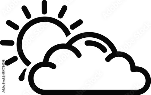 Black and white sun and cloud weather icon with sun rays shining