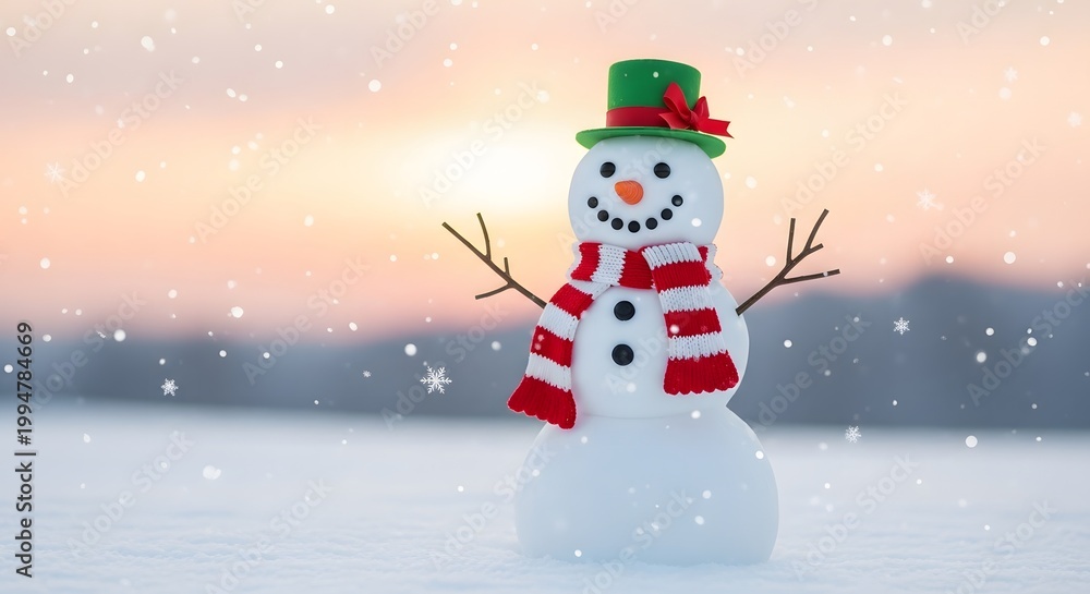 Fototapeta premium Snowman in winter with snowflakes