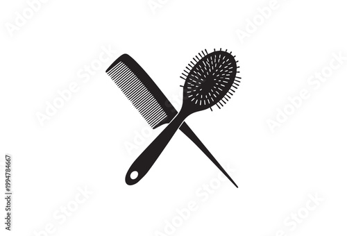 Professional set of black plastic combs and steel scissors isolated on white, essential barber tools for hair grooming and fashion styling