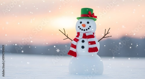 Snowman in winter with snowflakes