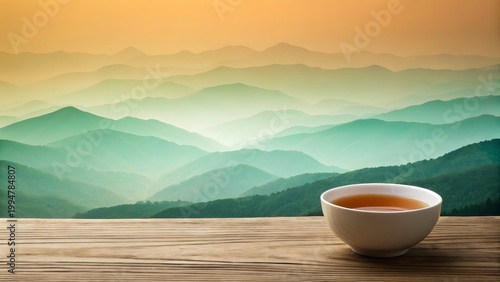 Cup of tea wooden table mountain landscape calm morning peaceful relaxation concept