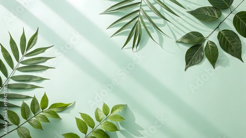 Minimal green leaves flat lay botanical background soft shadows natural eco design