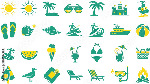 Vibrant summer vacation icons a colorful collection for tropical getaways