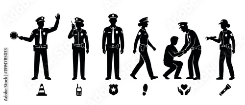 Police Officer Silhouettes Set, Law Enforcement Characters in Action with Equipment Icons, Professional Security Patrol, Police Work, Uniformed Cop Figures for Graphic Design Projects, Isolated on Whi