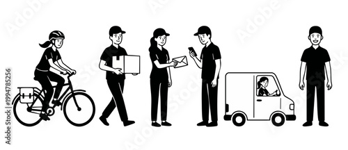 Delivery courier service workers set, flat line style. Illustration of professional delivery people, bicycle rider, driver, package, letter, mobile app, logistics and shipping concept, white backgroun