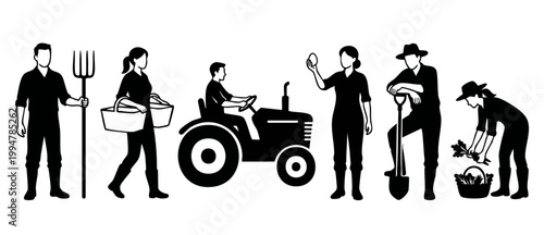 Farmers group silhouette set with tractor, harvesting vegetables, and agricultural tools. Black icons of agricultural workers, rural farm life activity, and organic produce harvesting lifestyle concep