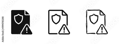 Security Alert and Unsafe Document Icon Set with Shield and Warning Triangle Symbols
