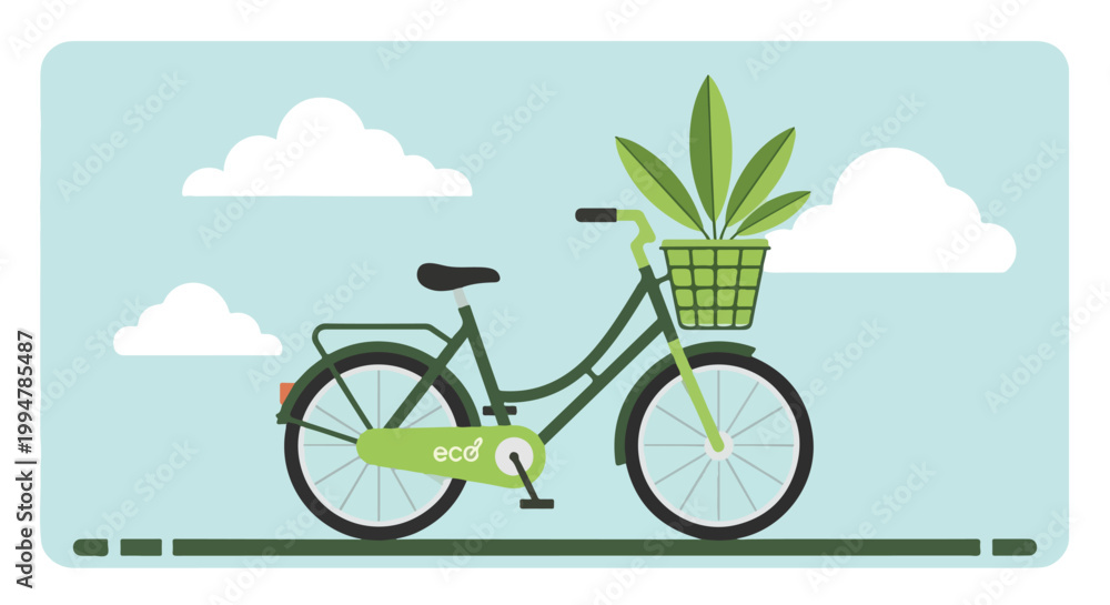 Fototapeta premium Eco-friendly green bicycle with a lush plant in its front basket, symbolizing sustainable transport, environmental care, and a healthy lifestyle. Flat vector illustration.
