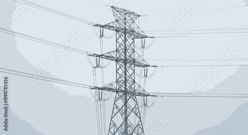 A high voltage electric power line pylon structure stands against a blue sky with steel cables and transmission wires delivering energy supply through industrial engineering technology