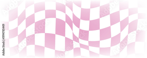 Trippy checkerboard background. Retro psychedelic checkered wallpaper. Wavy groovy chessboard surface. Distorted geometric grid chess pattern. Abstract black and white race flag backdrop. Vector