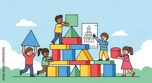 Diverse group of happy children building a large structure with colorful geometric blocks, fostering teamwork, creativity, and early engineering skills outdoors.
