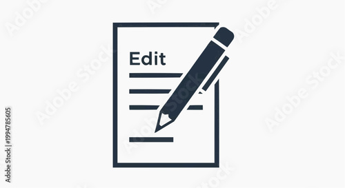 Minimalist edit icon vector, document with pencil writing symbol, black linear web button for content editing and copywriting services