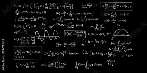 Chalkboard-style collection of advanced physics and math formulas, including Schrödinger's equation, calculus, and graphs, drawn in white on a black background, representing complex scientific theory.