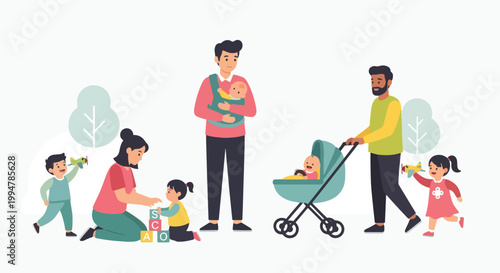 Diverse families with children, parents and babies enjoying outdoor activities and playtime