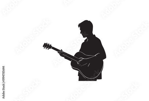 Guitar player silhouette, music icon, acoustic musician, black vector graphic