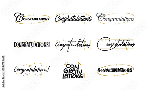 Congratulations banner lettering design bundle. Elegant, Fun and joyful typographic messages with confetti and gold frames.