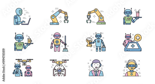 Set of twelve colorful robot and artificial intelligence icons with various functions and designs.