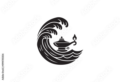 Black wave, lamp, genie lamp, ocean wave icon, vector