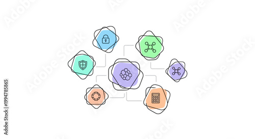 Abstract illustration of interconnected scientific and technological icons representing innovation and research.