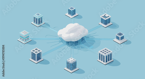 Isometric cloud computing concept with servers connected to a central cloud and network connections