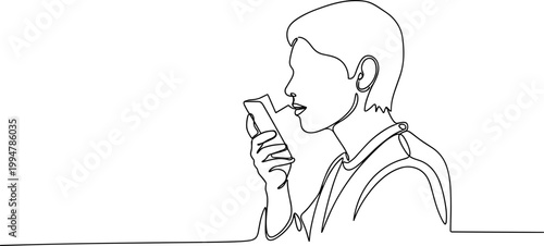 Continuous line drawing of a person using an inhaler, minimalist health illustration