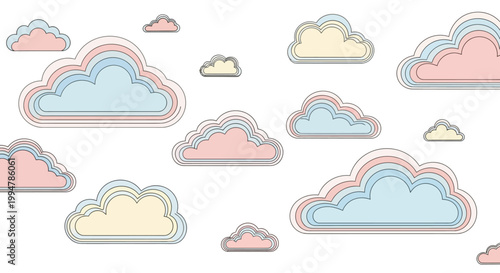 Seamless pattern of stylized pastel colored clouds with outlines.