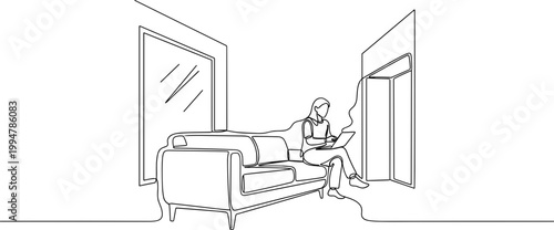 Person working on laptop on sofa in modern room, line art