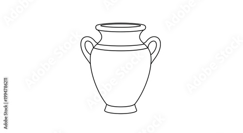A simple black and white line drawing depicts an ancient amphora with curved handles high quality professional detailed