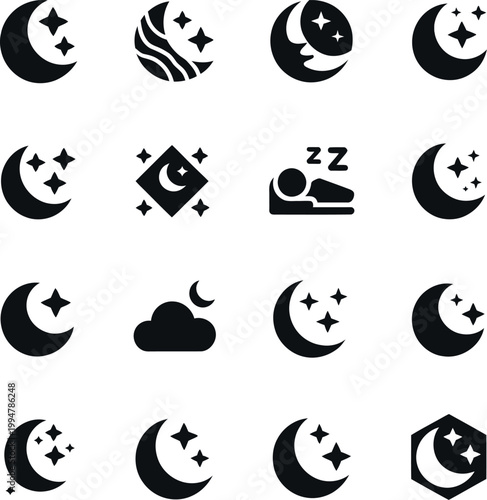 Restorative, sleep icons set featuring crescent moon and stars representing sleep practices and rituals designed for wellness branding, relaxation apps, and healthy lifestyle visual communication.