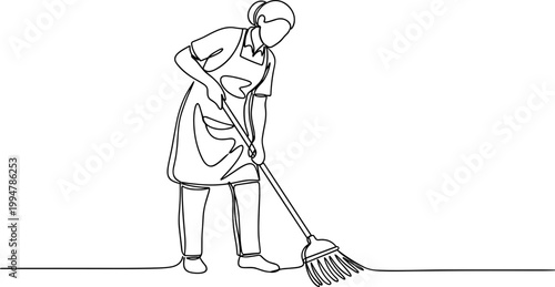 Continuous line drawing of a cleaner sweeping the floor with a broom, simple, minimalist, white background
