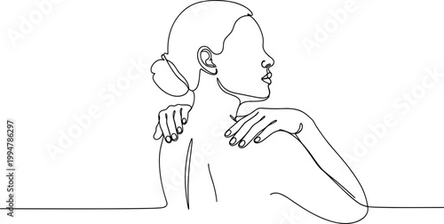 Continuous Line Drawing of Woman's Neck and Shoulders with Hands Touching