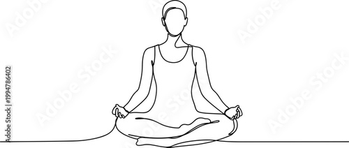 Continuous line drawing of a woman meditating in lotus pose, serene, minimalist, yoga, mindfulness
