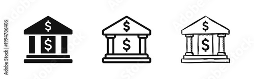 Banking and Finance Icon Set with Classic Bank Building and Dollar Symbols