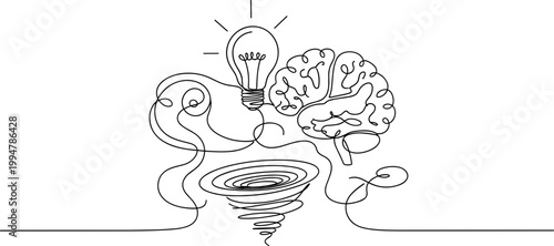 Brainstorming Idea: Lightbulb, Brain, and Whirlwind in Continuous Line Art