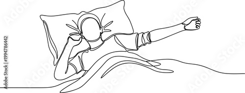 Minimalist line art of a person waking up and stretching in bed.
