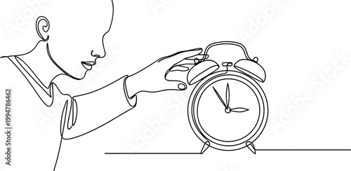 Person Turning Off Alarm Clock, Single Line Drawing, Wake Up Concept